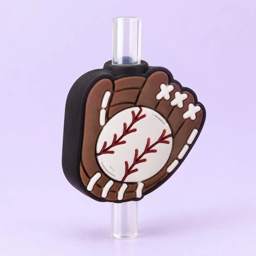 Baseball Glove Topper on a clear straw, pale lavender backdrop — shaped like a brown baseball glove holding a white baseball