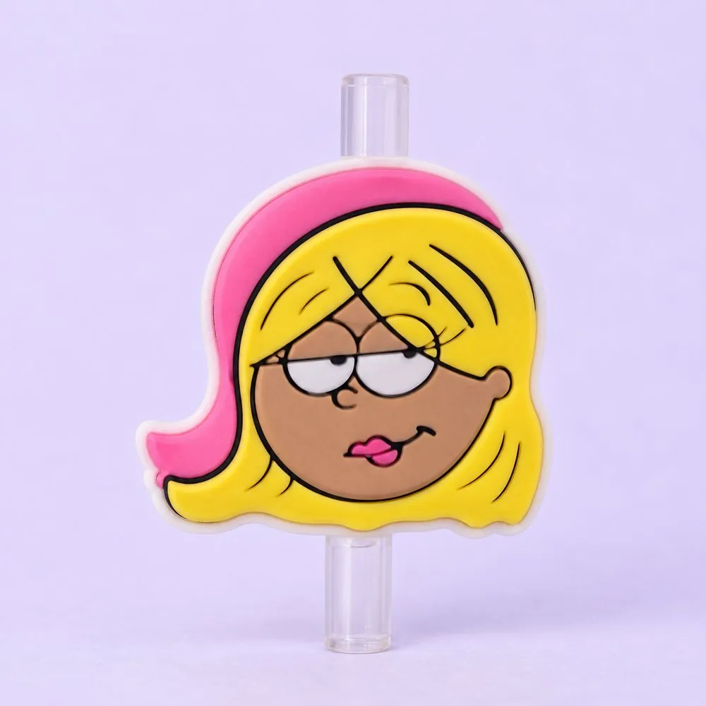 Blonde Bestie Topper on a clear straw, pale lavender backdrop — shaped like a cartoon girl face with long blonde hair and a sassy look