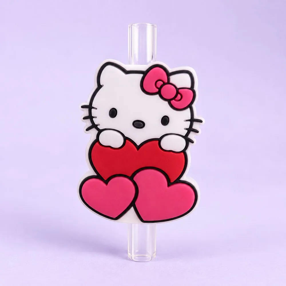 Bow Kitty Hearts Topper on a clear straw, pale lavender backdrop — shaped like a white cartoon kitty with a pink bow holding red hearts