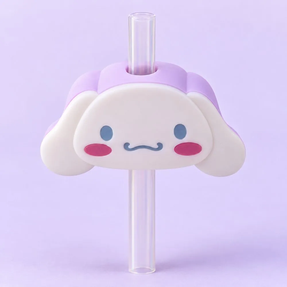 Cloud Puppy Topper on a clear straw, pale lavender backdrop — shaped like a white puppy face with long ears and rosy cheeks, pastel