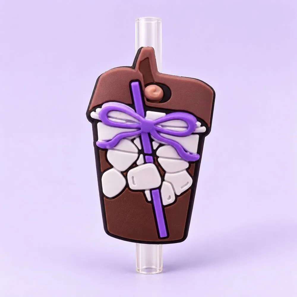 Iced Coffee Topper on a clear straw, pale lavender backdrop — shaped like an iced coffee cup with a purple straw and bow