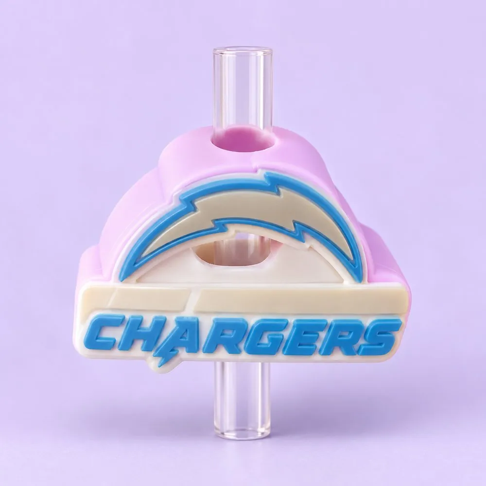 Lightning Bolt Football Topper on a clear straw, pale lavender backdrop — shaped like a powder-blue lightning bolt football team emblem with lettering
