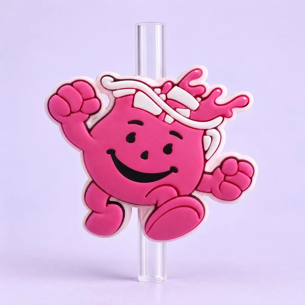 Pink Pitcher Pal Topper on a clear straw, pale lavender backdrop — shaped like a pink round pitcher character with a big smile and arms up