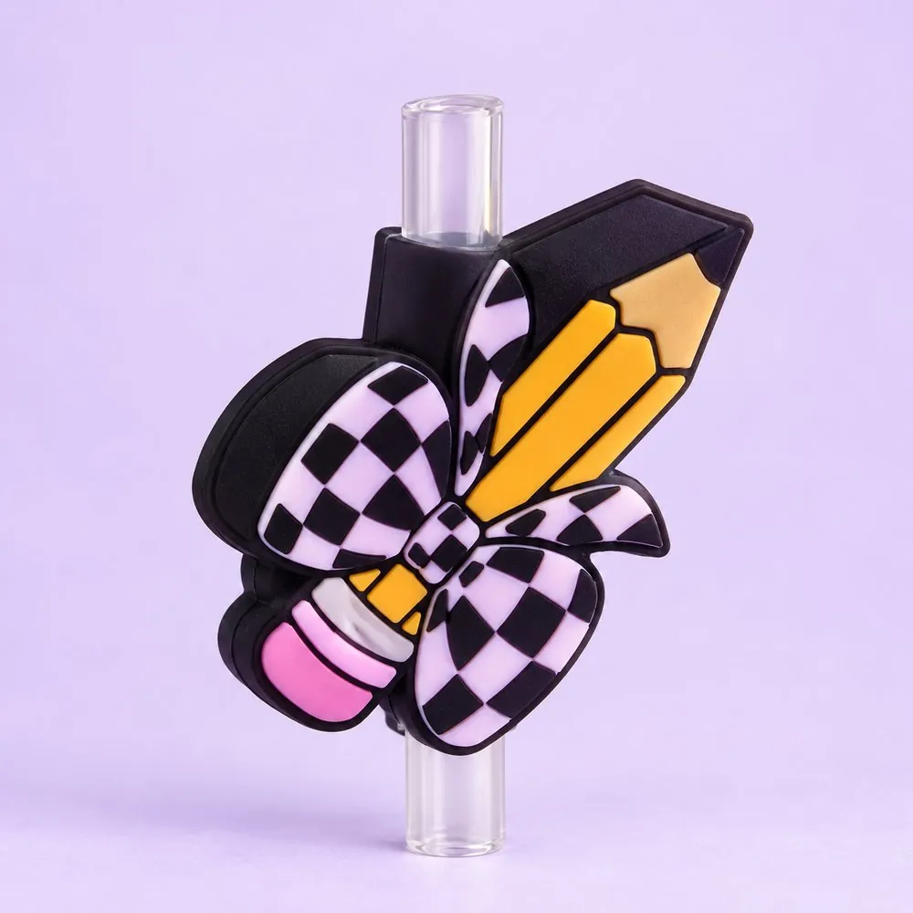 Checkered Pencil Topper on a clear straw, pale lavender backdrop — shaped like a black-and-white checkered flag shape with a yellow pencil