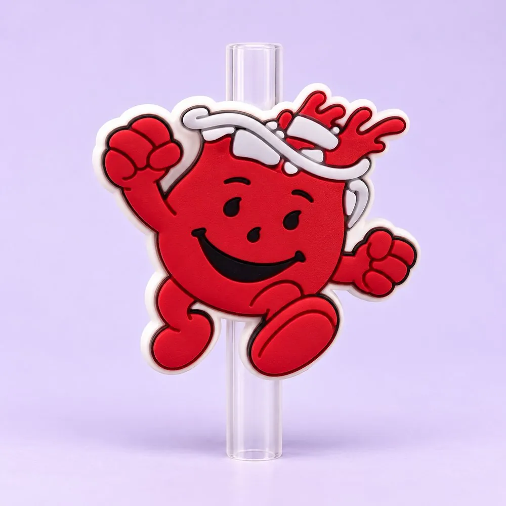 Red Pitcher Pal Topper on a clear straw, pale lavender backdrop — shaped like a red round pitcher character with a big smile and arms up