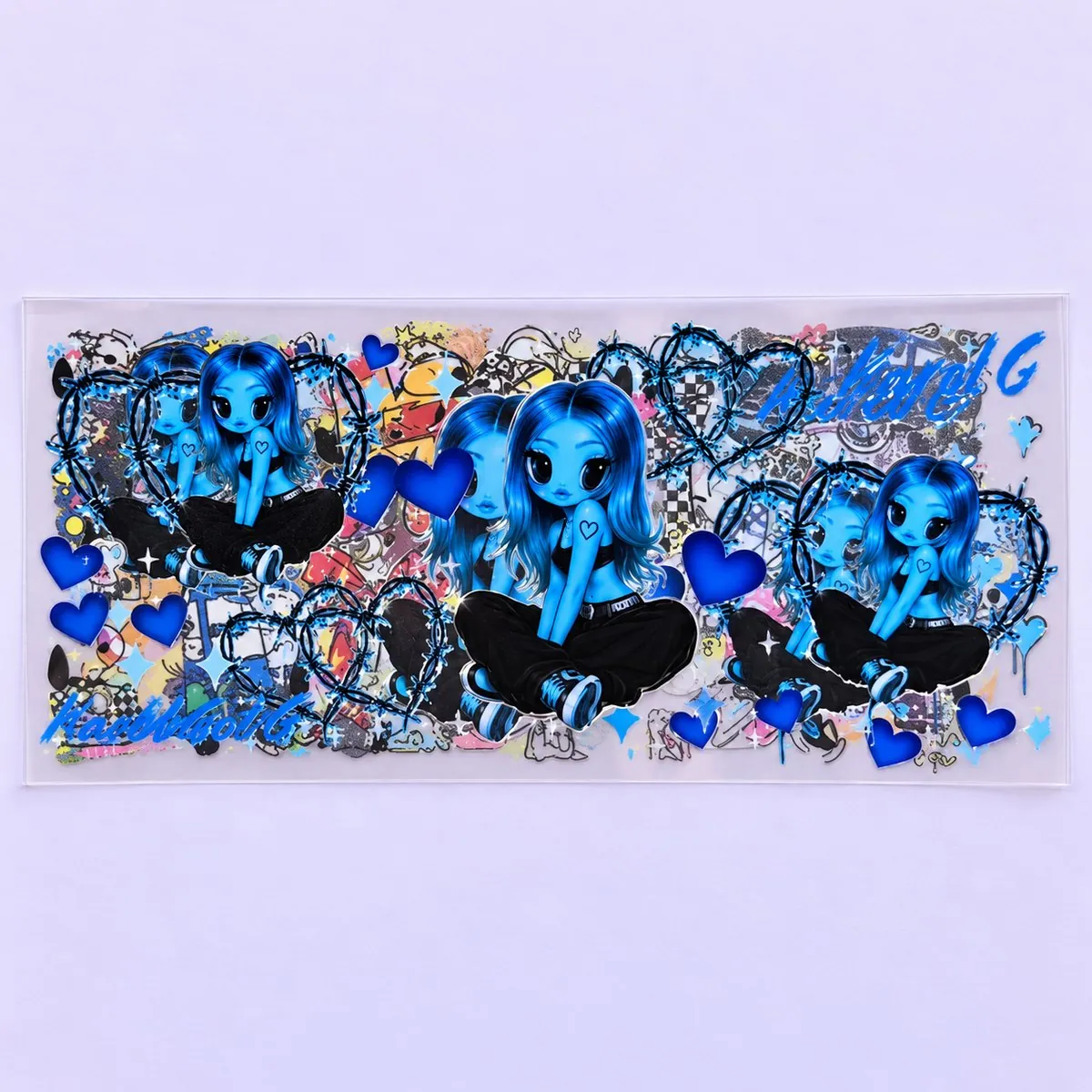 Blue Heart Girl cup wrap laid flat — blue-toned girl portraits inside blue hearts with blue hearts scattered around