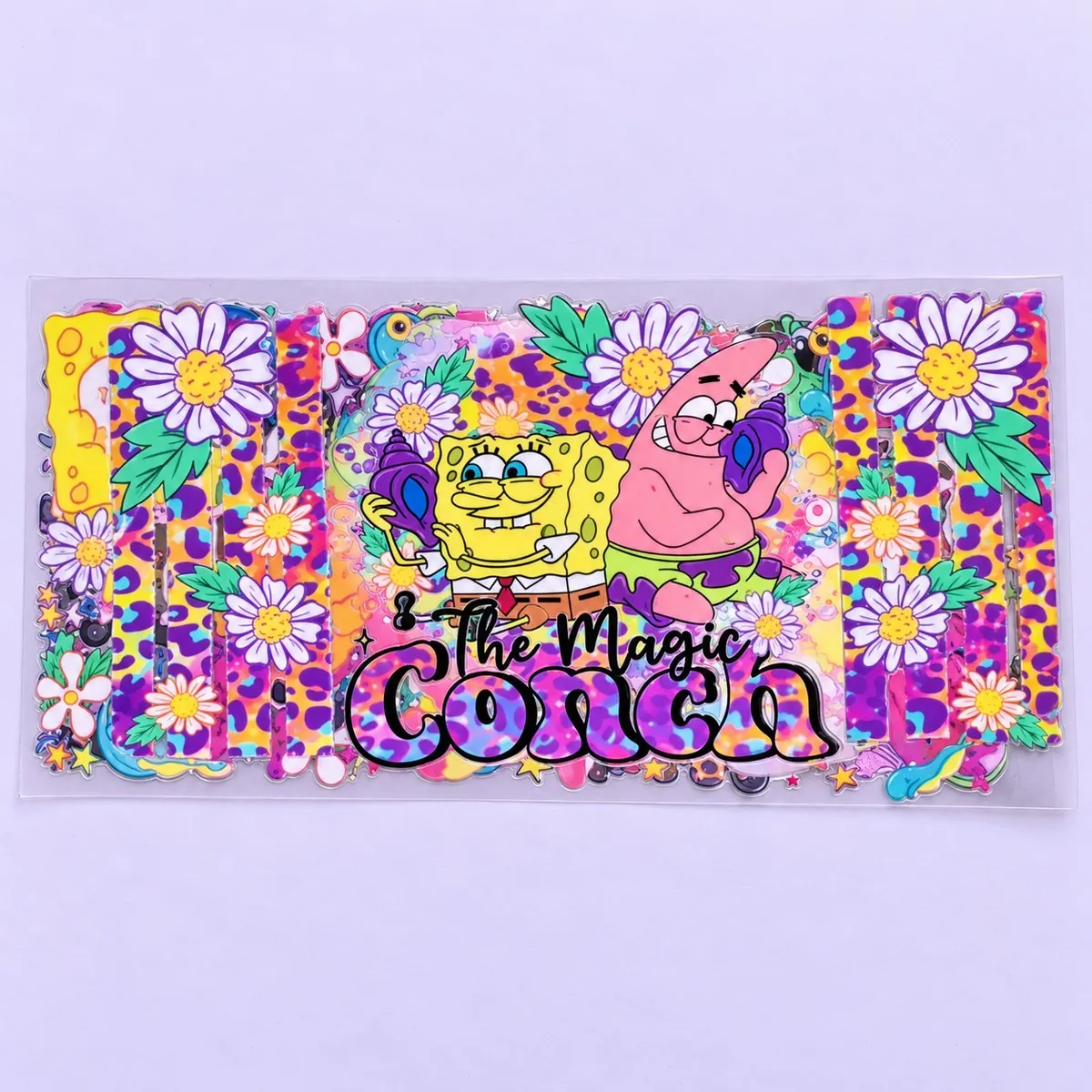 Magic Shell Daisies cup wrap laid flat — a yellow sponge character and a pink starfish over leopard print and daisies, lettered 'The Magic Conch'