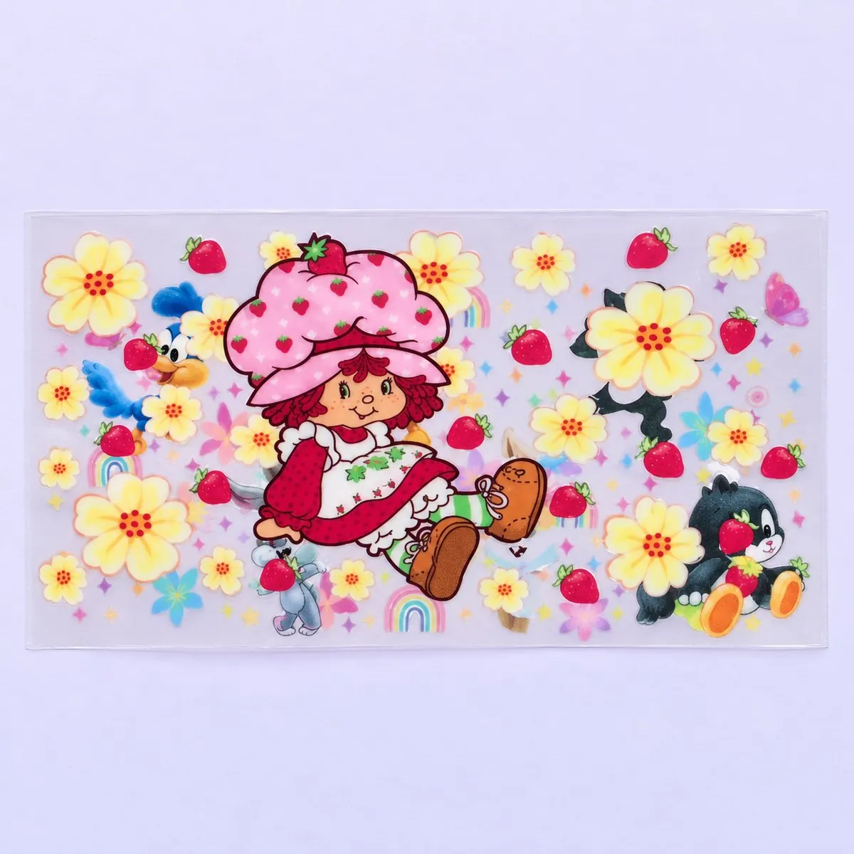 Strawberry Garden cup wrap laid flat — a strawberry-hat girl among yellow flowers and red strawberries